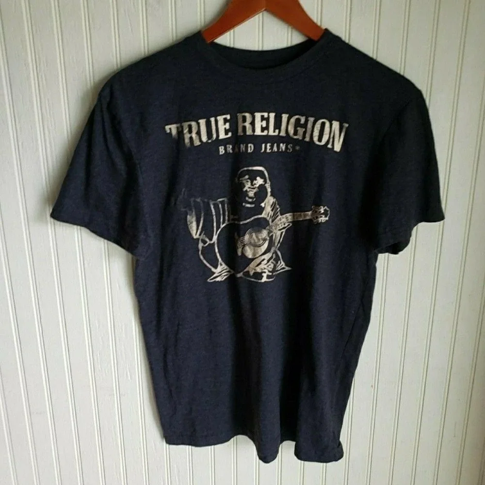 True Religion Shirt Mens Medium Gray Buddha Guitar Graphic Tagless Tee Soft